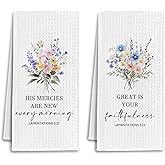 IRTAGANNY Christian Floral Kitchen Towels, Lamentations 3:23 Bible Verse Dish Tea Towels for Kitchen, His Mercies are New Every Morning Decorative Hand Towel for Bathroom, 16x24 Inch Set of 2