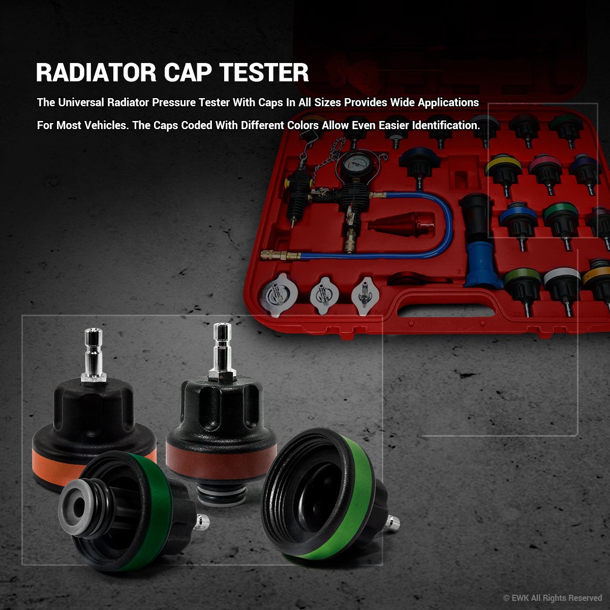 EWK Universal Radiator Pressure Tester Cap Adapter and Cooling System Coolant Refill Vacuum