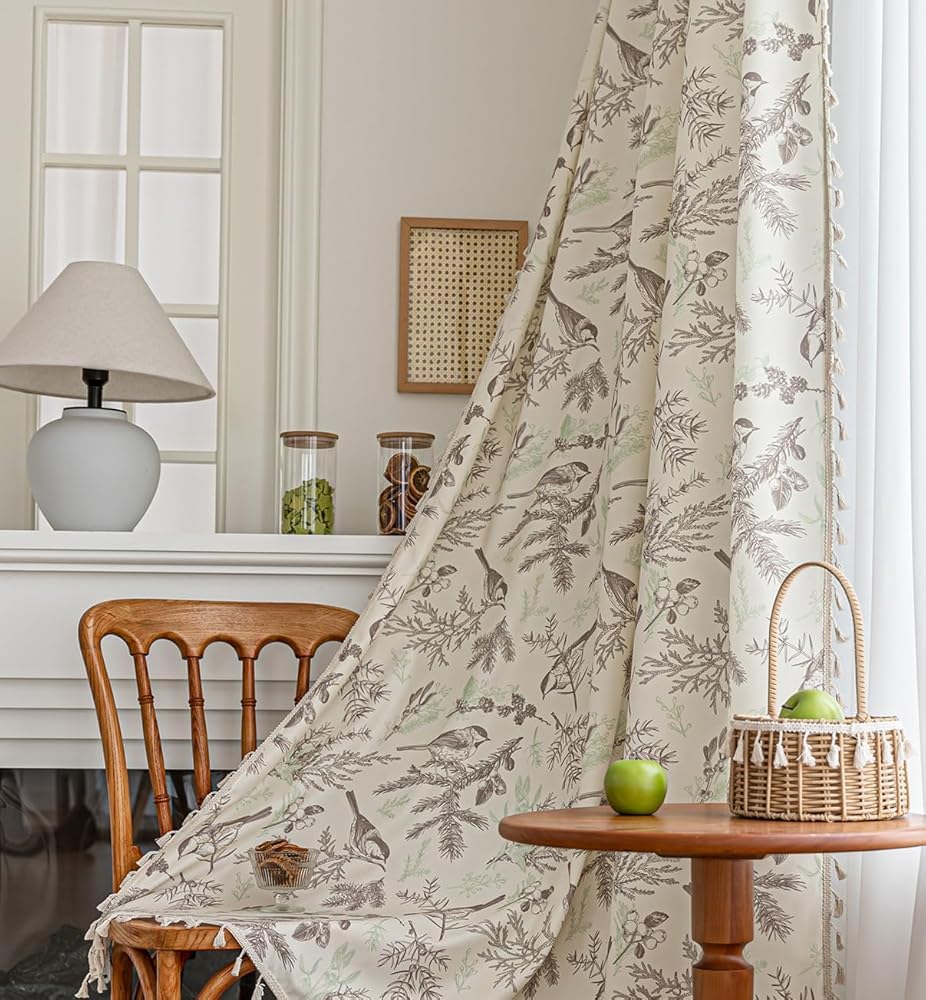 Erbnaryx Boho Floral Curtains French Country Farmhouse Curtains 72 Inches Long Light Filtering Window Rod Pocket Drapes for Living Room 2 Panels-Beige Birds Image