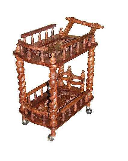 Desi Karigar Wooden Carved Serving Cart (Brown, Height - 31 inches, Width - 30 inches, Depth - 18 inches)