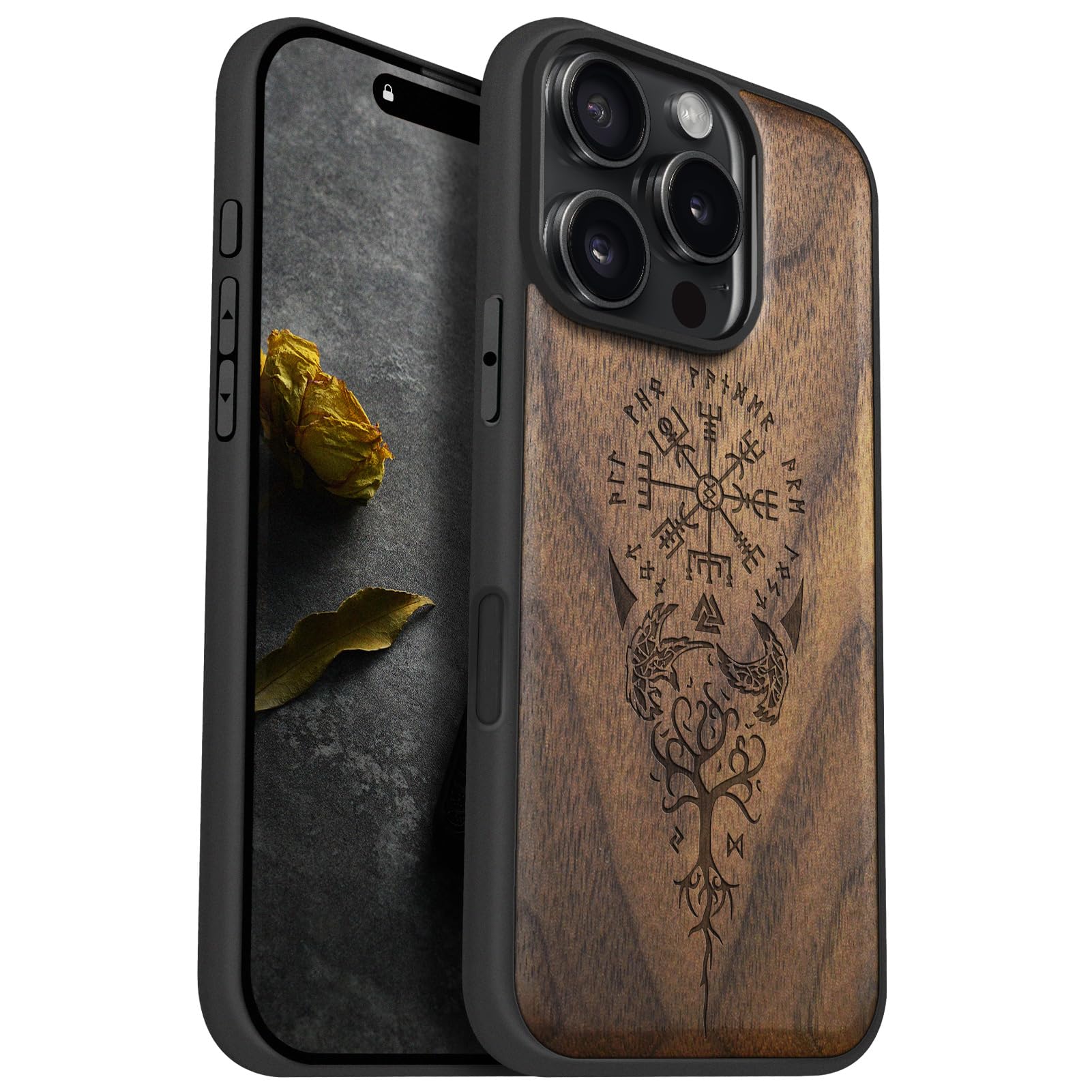 Carveit Magnetic Case for iPhone 16 Pro [Solid Wood & Black Soft TPU] Shockproof Protective Cover Unique Wooden Case Compatible with magsafe (The Guiding Vegvisir -Walnut)