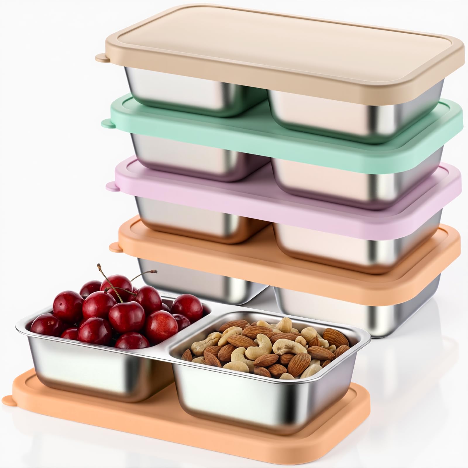 Photo 1 of **Only one** FoldTier 4 Pack 2-Compartment Stainless Steel Snack Containers Include 4 Silicone Lids and 4 Box Bodies Reusable Stackable Box for Adult Work, Travel & Camping 7.9 x 4.1 x 1.6 Inch (Morandi)