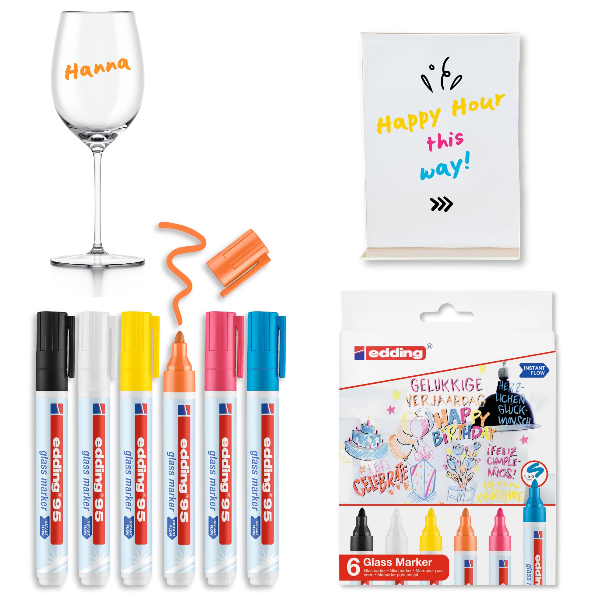 edding 95 glass marker - multi-coloured - 6 glass pens - round nib 1.5-3 mm - washable window marker pen - for writing and marking on glass surfaces, windows, glassboards, whiteboards - dry-wipeable