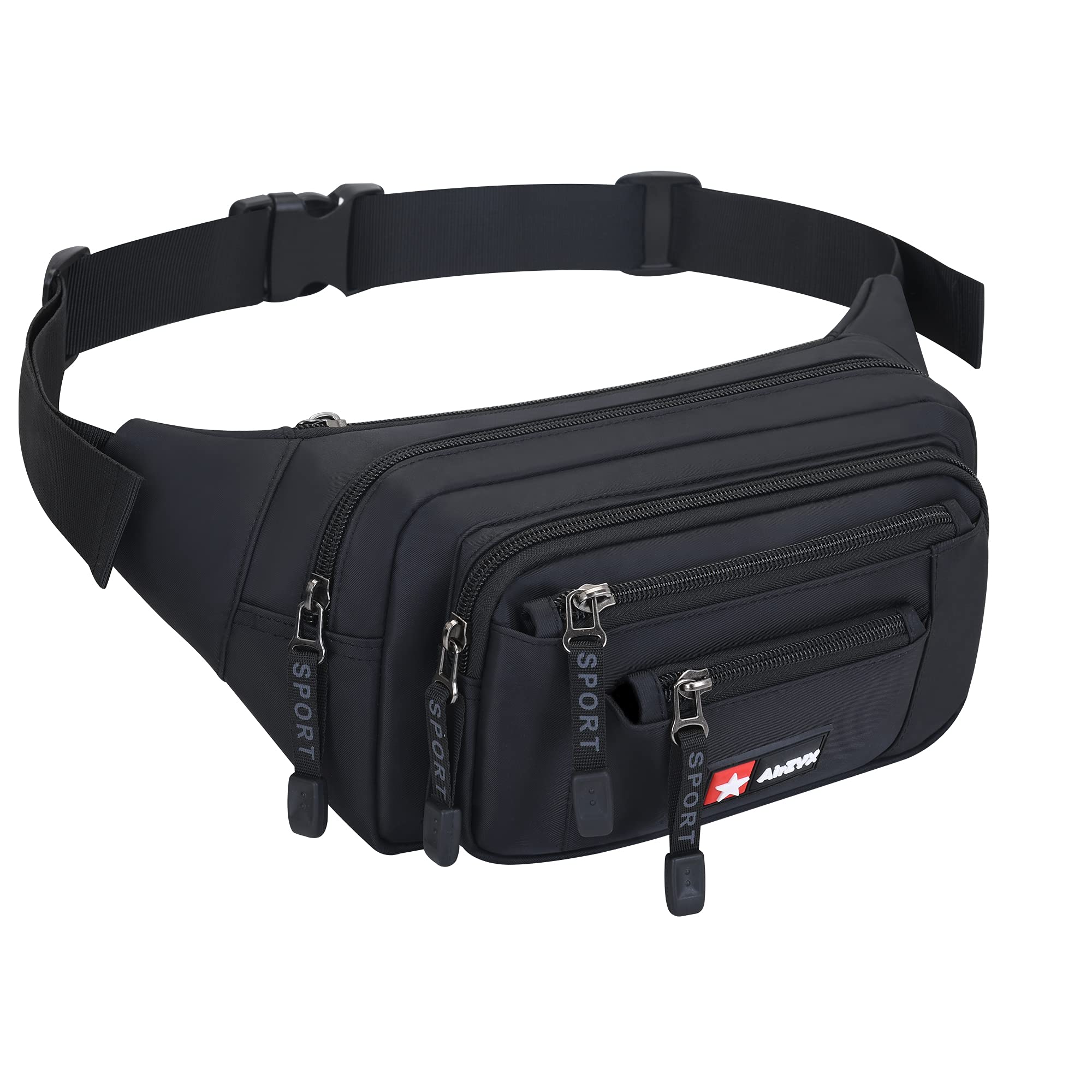 AirZyx Bumbag Fanny Pack for Women Men Waterproof Waist Pack Plus Size with 6 Zipped Pockets Bum Waist Bag for Dog Walking Climbing Hiking Travel Outdoor Sport Black