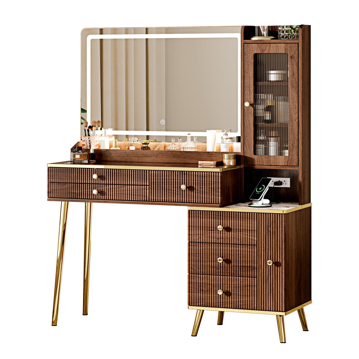 Photo 1 of *** USED, MISSING HARDWARE, MAJOR DAMAGE ***Arulvmrn Vanity Desk with 35.12" HD Lighted Mirror, 46.85" Big Modern Vanity Desk with Mirror and Lights, Makeup Vanity with 7 Drawers and Storage Shelves and Charging Station, Walnut