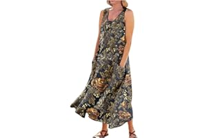 FONMA Summer Dress for Women 2024 Plus Size Sundress Floral Crewneck Sleeveless Dress Cotton Linen Beach Dress with Pockets
