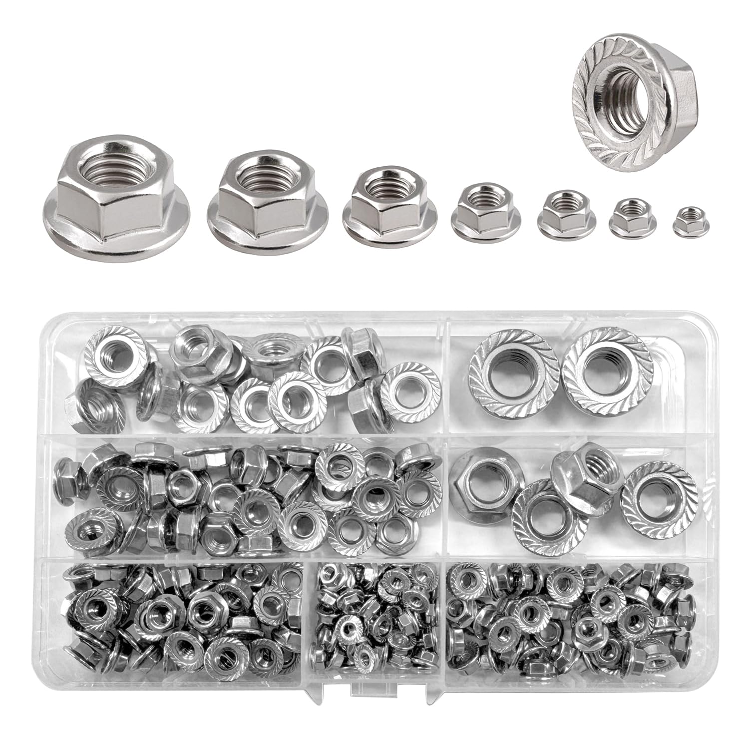 195pcs Hex Flange Nuts Set, Stainless Steel Serrated Lock Nuts Assorted For Bolts/Screws,Nuts For Furniture, Wood, Metal, Automotive, Mechanical Stop Fasteners(M3/4/5/6/8/10/12)