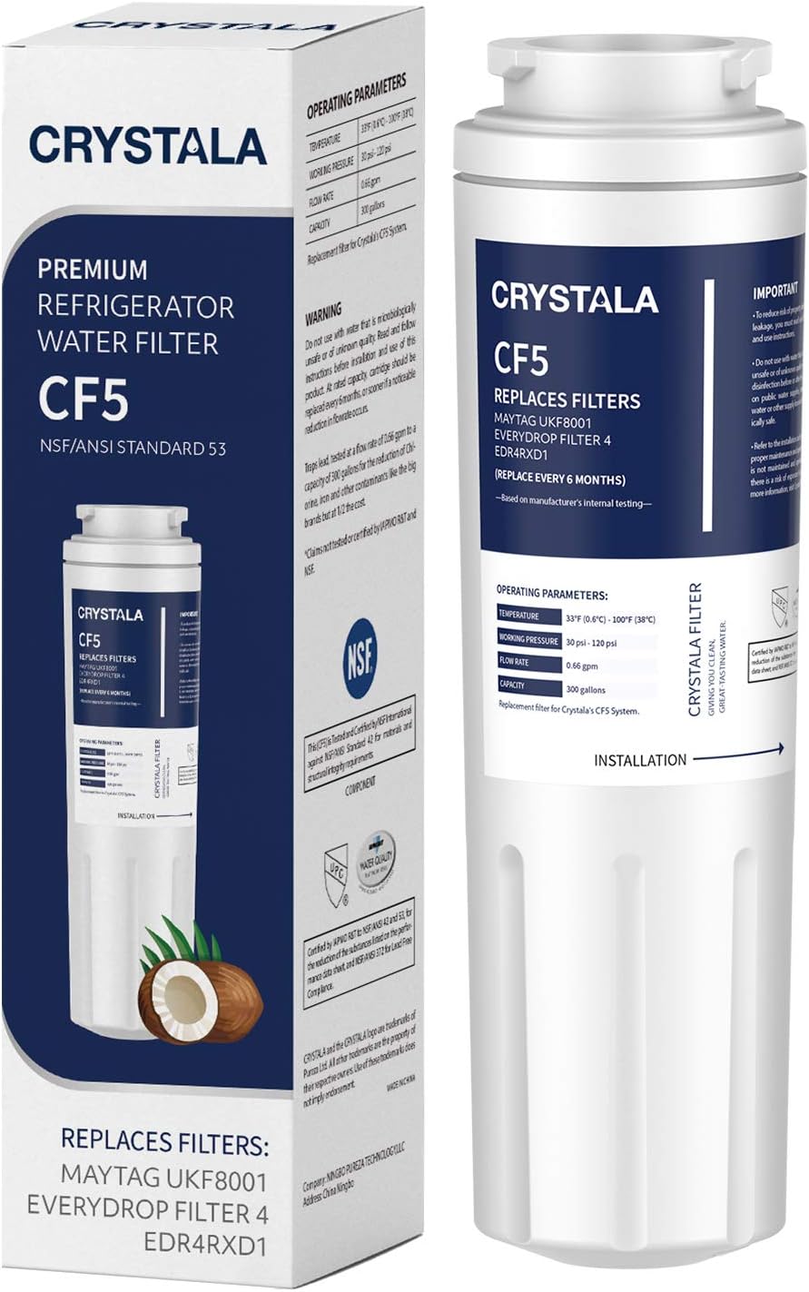 Crystala Filters UKF8001 Water Filter, Compatible with Refrigerator Water Filter Whirlpool 4396395, Filter 4, Maytag UKF8001, EDR4RXD1, UKF8001AXX, UKF8001P, Puriclean II, 469006,(Pack of 1)