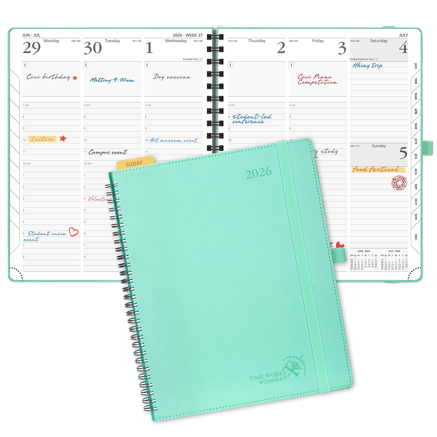 POPRUN 2026 Planner (Large - 8.5" x 10.5") with Hourly Schedule, Vertical Layout - 2026 Weekly Calendar (Jan. 2026 - Dec.2026) for Time Management, Monthly Tabs, Spiral Bound, Soft Cover - Green Image