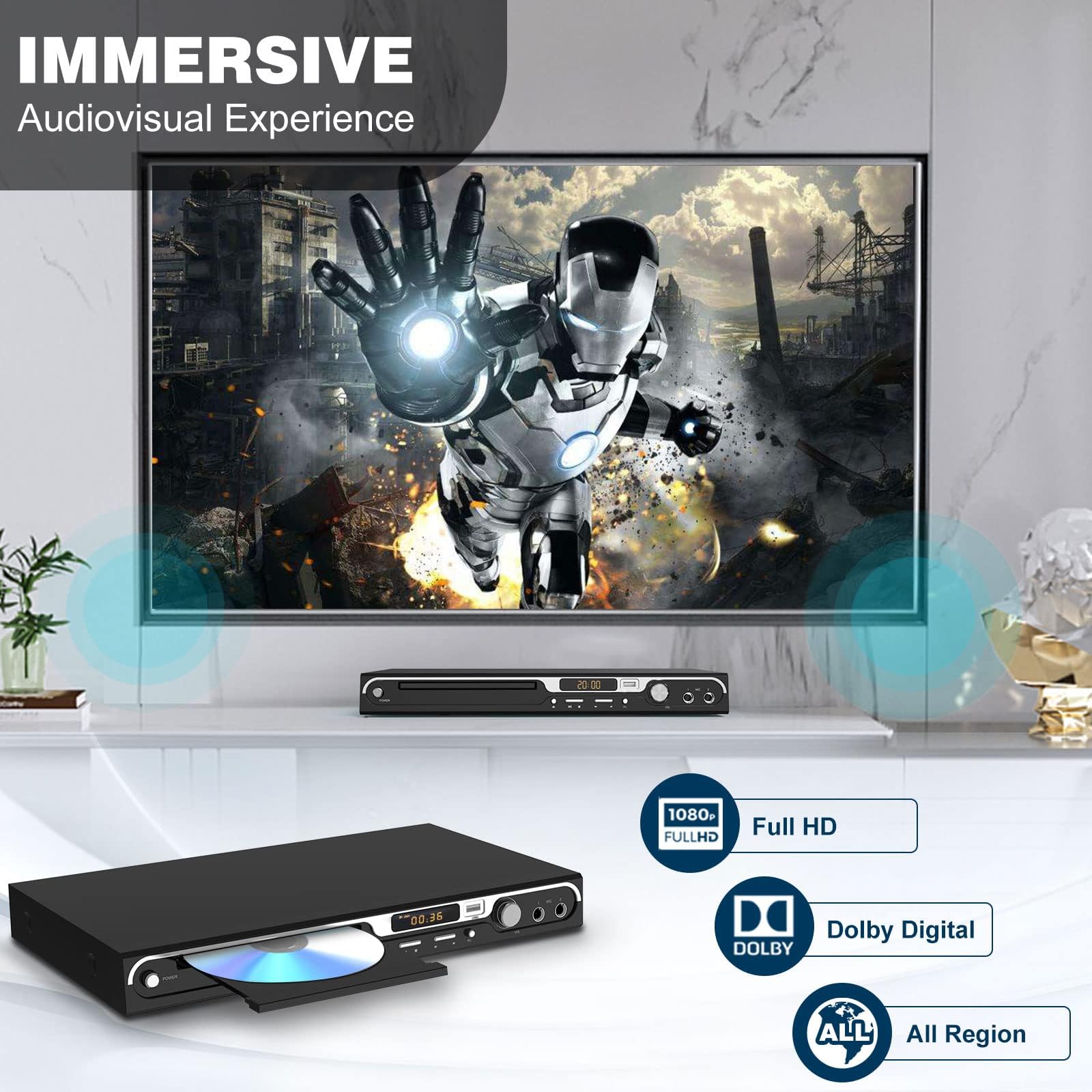 DVD Player, DVD Players for TV, Dual Microphone Exclusive 1080P, All Region HDMI DVD Player, USB Input AV/RCA Output, Home DVD CD Player with PAL/NTSC & Dolby Sound