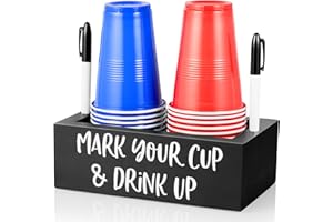 DRASTAR Double Disposable Cup Holder with Marker Slot, Mark Your Cup and Drink Up Caddy, Wood Disposable Cup Holder, Plastic Cup Organizer, Gift for Hosting Essentials, Black