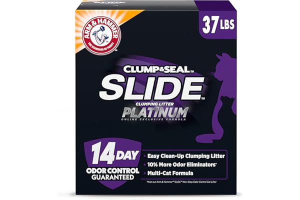 ARM & HAMMER Clump & Seal SLIDE Platinum Multi-Cat Clumping Cat Litter, Easy Clean Technology with No Scrubbing, 14-Day Odor Control, 37 lbs