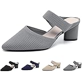 Women's Knit Pointed Toe Chunky Heel Mules Fashion Mesh Breathable Closed Toe Backless Block Heel Slip On Dressy Pumps Summer Casual Work Office Wedding Heeled Sandals