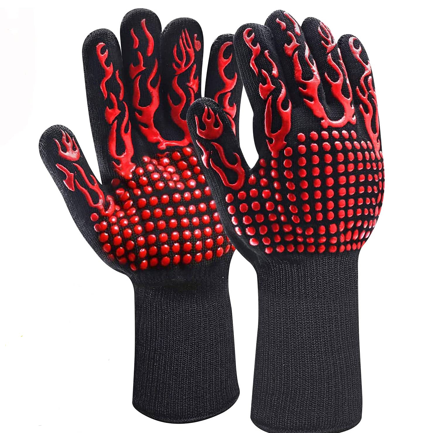 Lichi 2 Pcs BBQ Mitts, Heat Resistant High Temperature 800℃/1472℉ Flame Retardant Fireproof Barbecue Heat Insulation Silicone Microwave Oven Gloves - Red