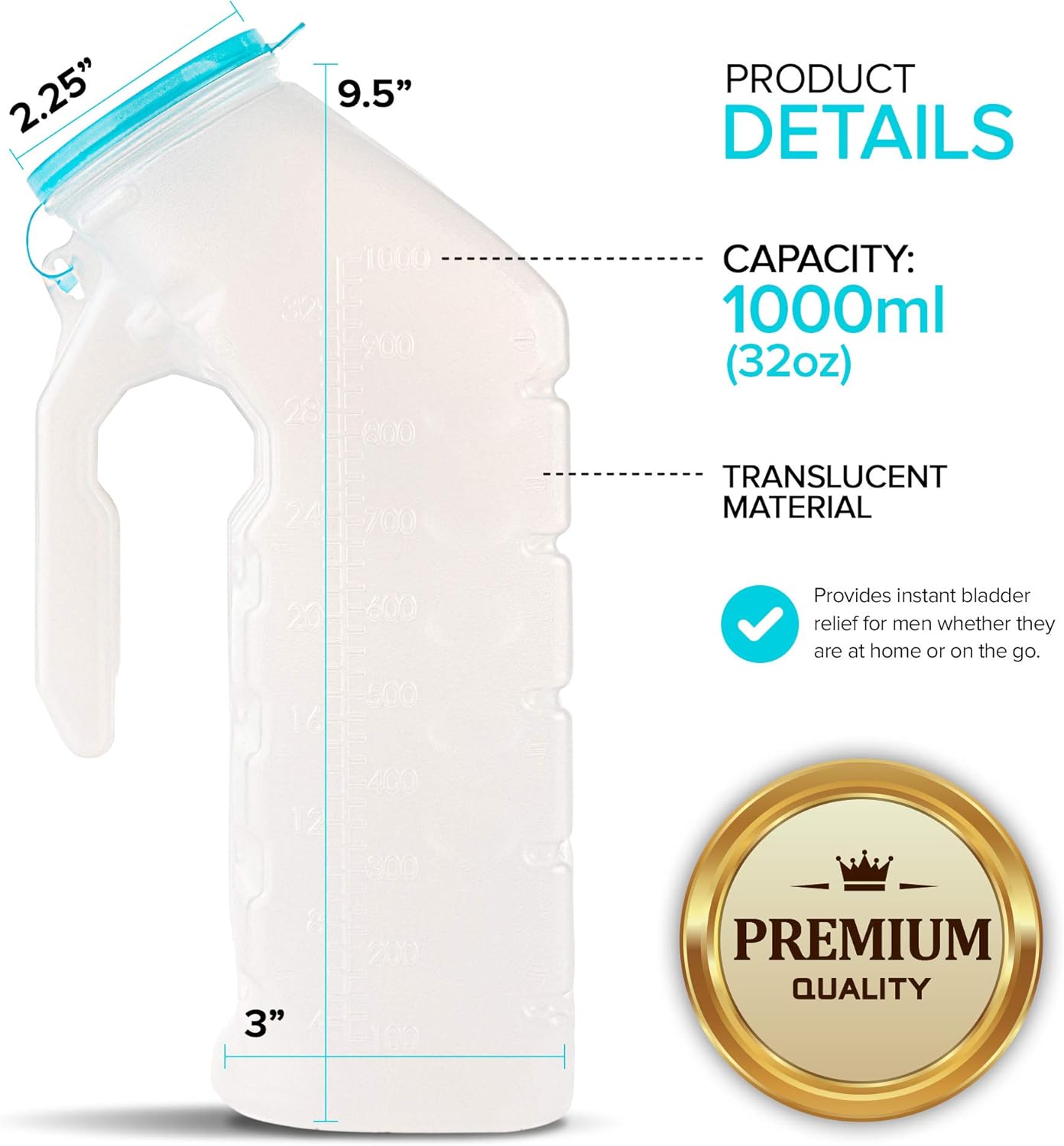 Male Urinal with Glow in The Dark Lid (2 Bottles) 32 Oz Urine Bottles for Men - Pee Bottles for Hospitals, Emergency and Travel: Health & Personal Care