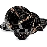LOVECASA Plates and Bowls Sets for 4, 12 Pieces Porcelain Dinnerware Sets, Black and Gold Dish Set Gold Splash Dishware Sets, Dishwasher Microwave Safe
