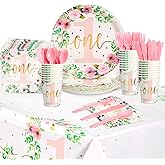 BLUE PANDA 145-Piece 1st Girl Birthday Decor Set - Pink Floral Tableware & Tablecloth, Serves 24 - Baby Girl 1st Birthday Party Plates & Easy Cleanup Tableware