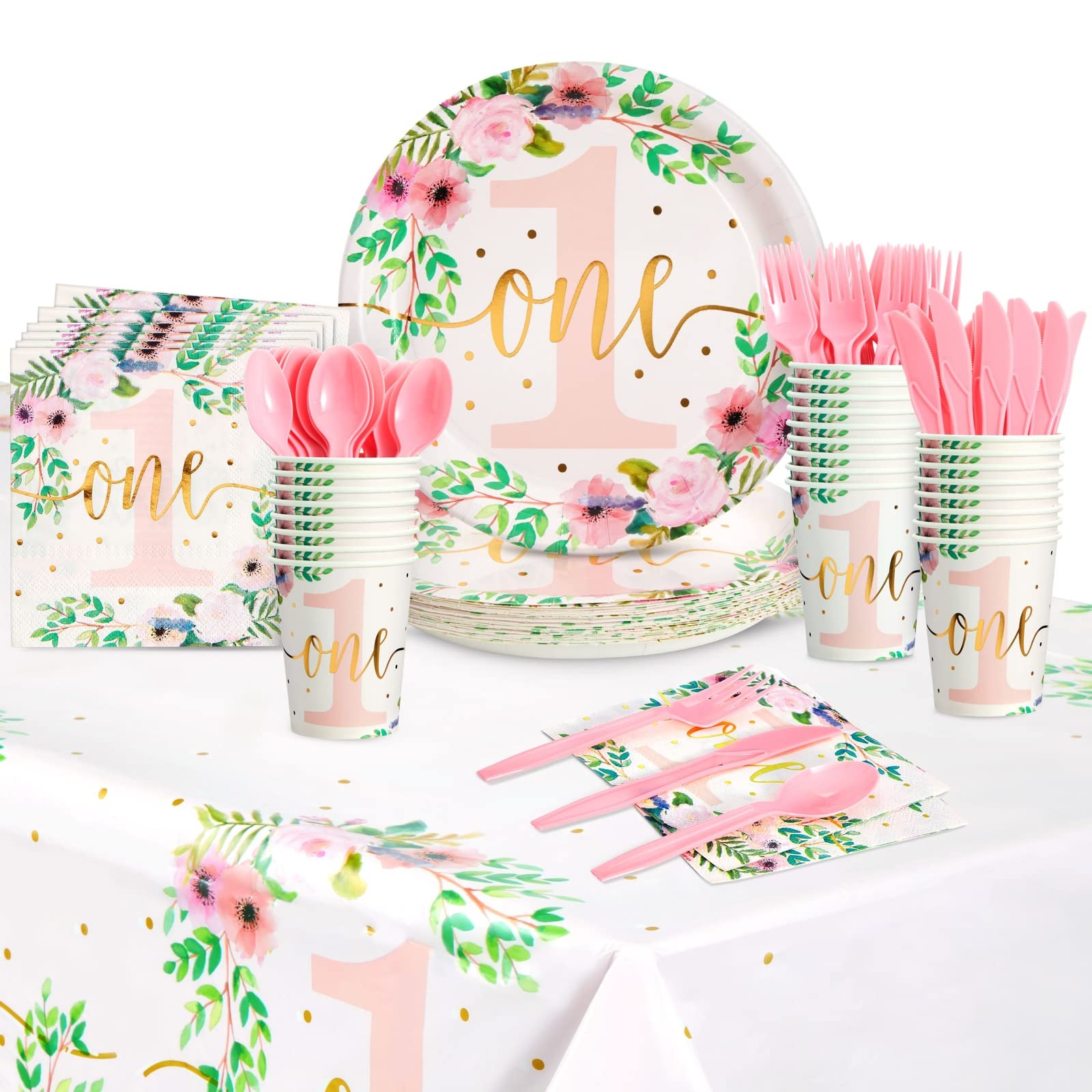 Photo 1 of 145-Piece Baby Girl's 1st Birthday Party Decorations, Floral Little Miss Onederful Dinnerware with Tablecloth (Serves 24)