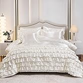 MOVE OVER Satin Ruffle Comforter Set 8 Pieces Bed in a Bag King Size Silk Like Satin White Waterfall Ruffle Comforter Set 8 Pieces Girls Romantic Layers Ruffled Bedding Set for All Seasons