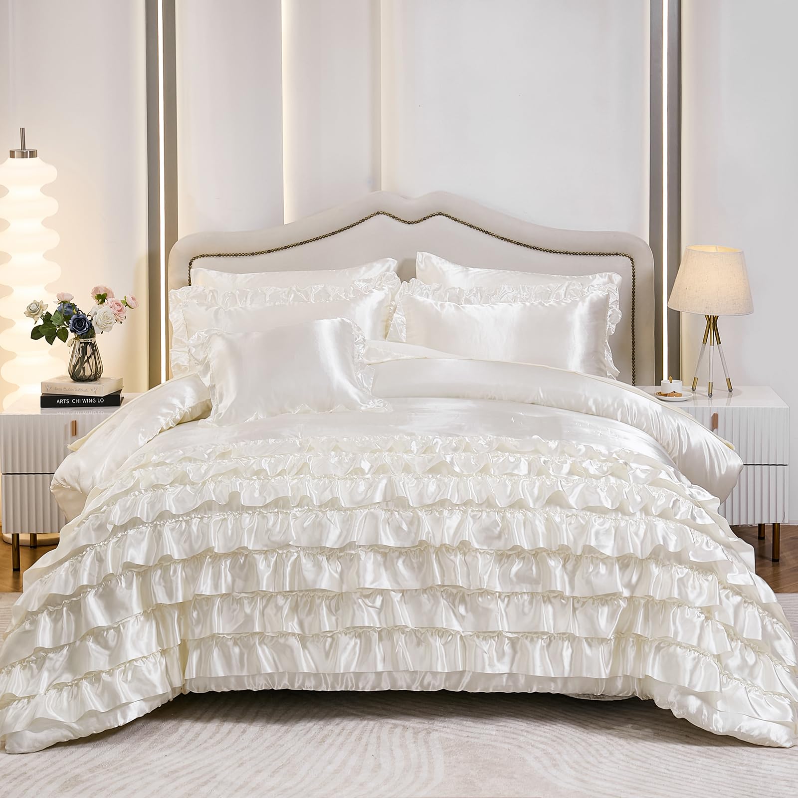 Photo 1 of ****FINAL SALE NOT RETURNS****MOVE OVER Satin Ruffle Comforter Set 8 Pieces Bed in a Bag King Size Silk Like Satin White Waterfall Ruffle Comforter Set 8 Pieces Girls Romantic Layers Ruffled Bedding Set for All Seasons