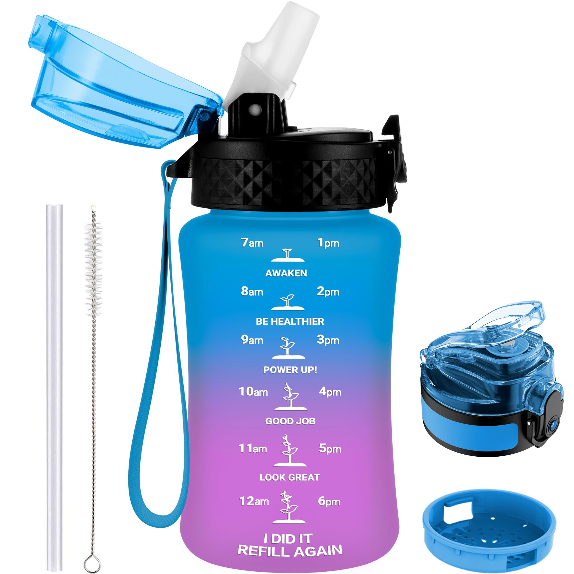 GOPPUS 350ml/12oz Kids Water Bottle With Straw Tritan Drinks Bottle with Strap Small Toddler Juice Bottles with Flip Top Lid Leakproof Children's Cup with Time Marking BPA free Girl Boy (Blue Purple)