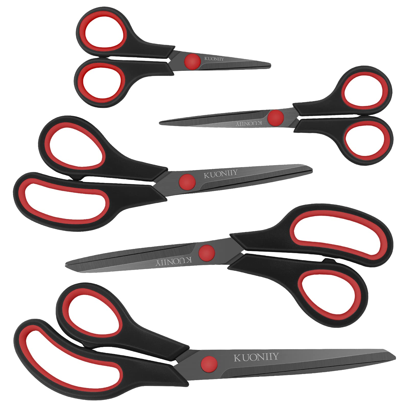 KUONIIY Scissors Ultra Sharp Blades Soft Comfort-Grip Handles Multi-Purpose Scissors Set of 5, BlackRed