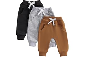 PIVANZORE Toddler Baby Boys Girls Sweatpants 3 Pack Solid Color Elastic Waist Bottom Pants Newborn Infant Trousers