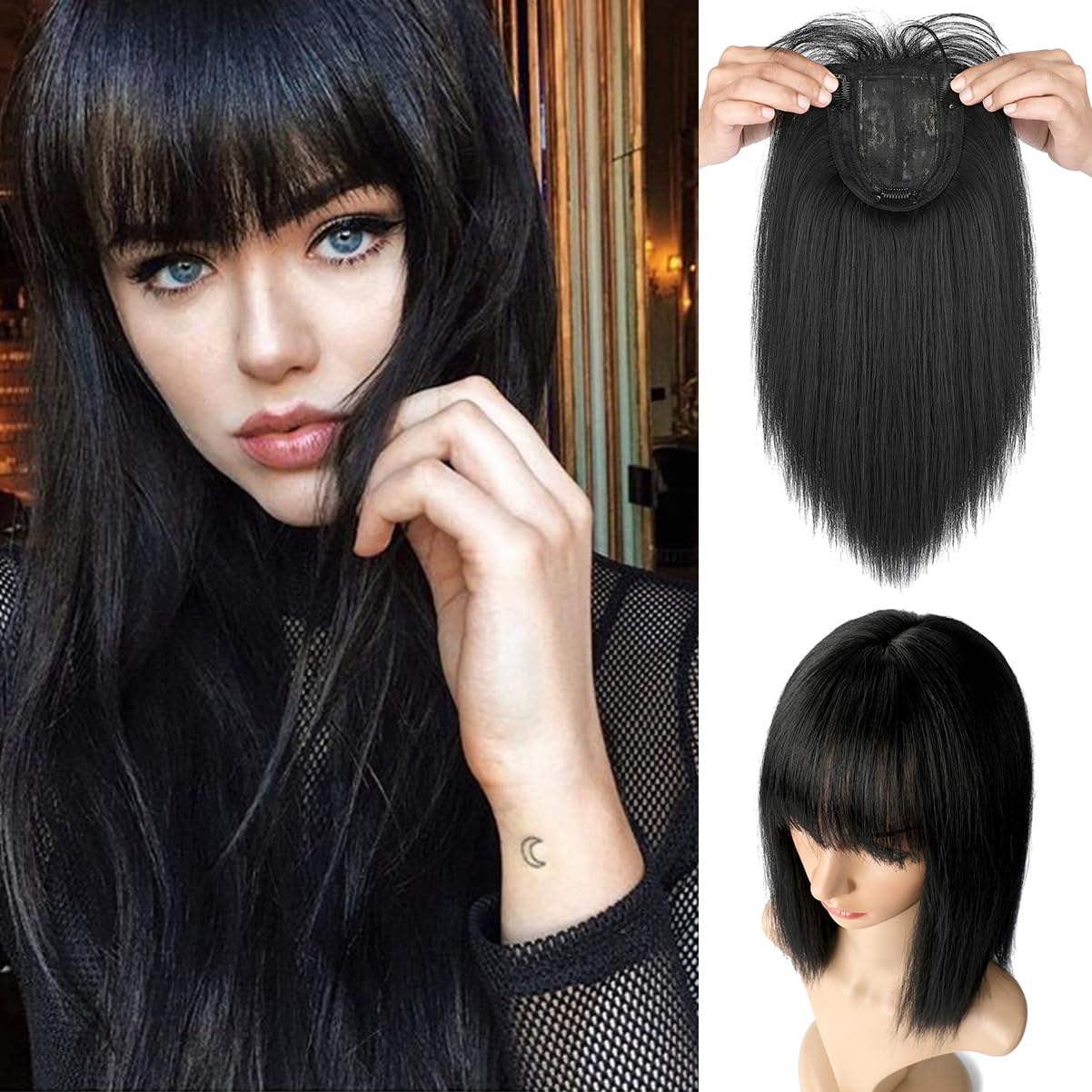Photo 1 of FELENDY Hair Toppers for Women, Clip in Bangs 14" Hairline Topper 200% Density Crown Top Hair Pieces with Fake Bangs for Thinning Gray Hair Women Dark Black