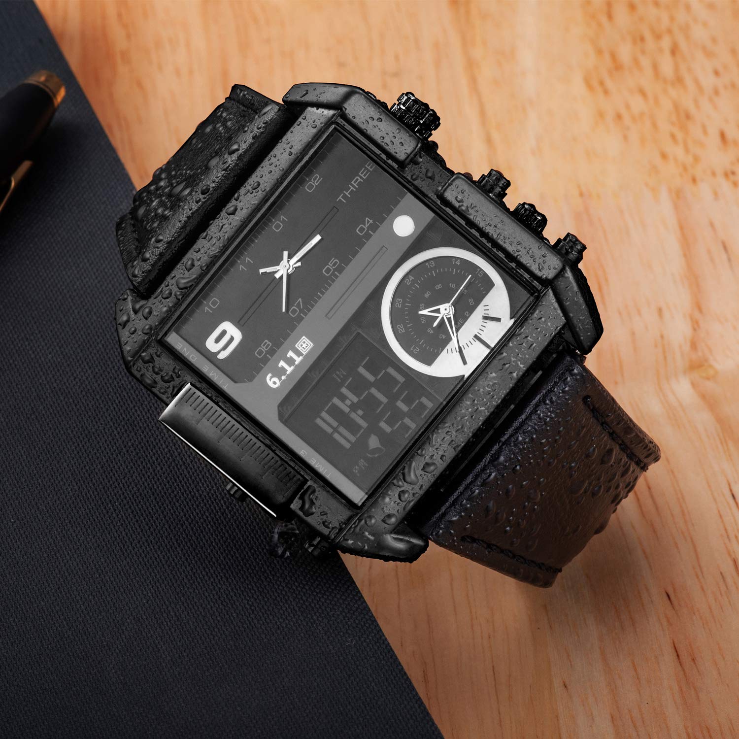 Sailine Multifunction Mens Soprt Watch Triple Movement 3 Time Zone with Genuine Leather Brand 30M Waterproof … (Black)