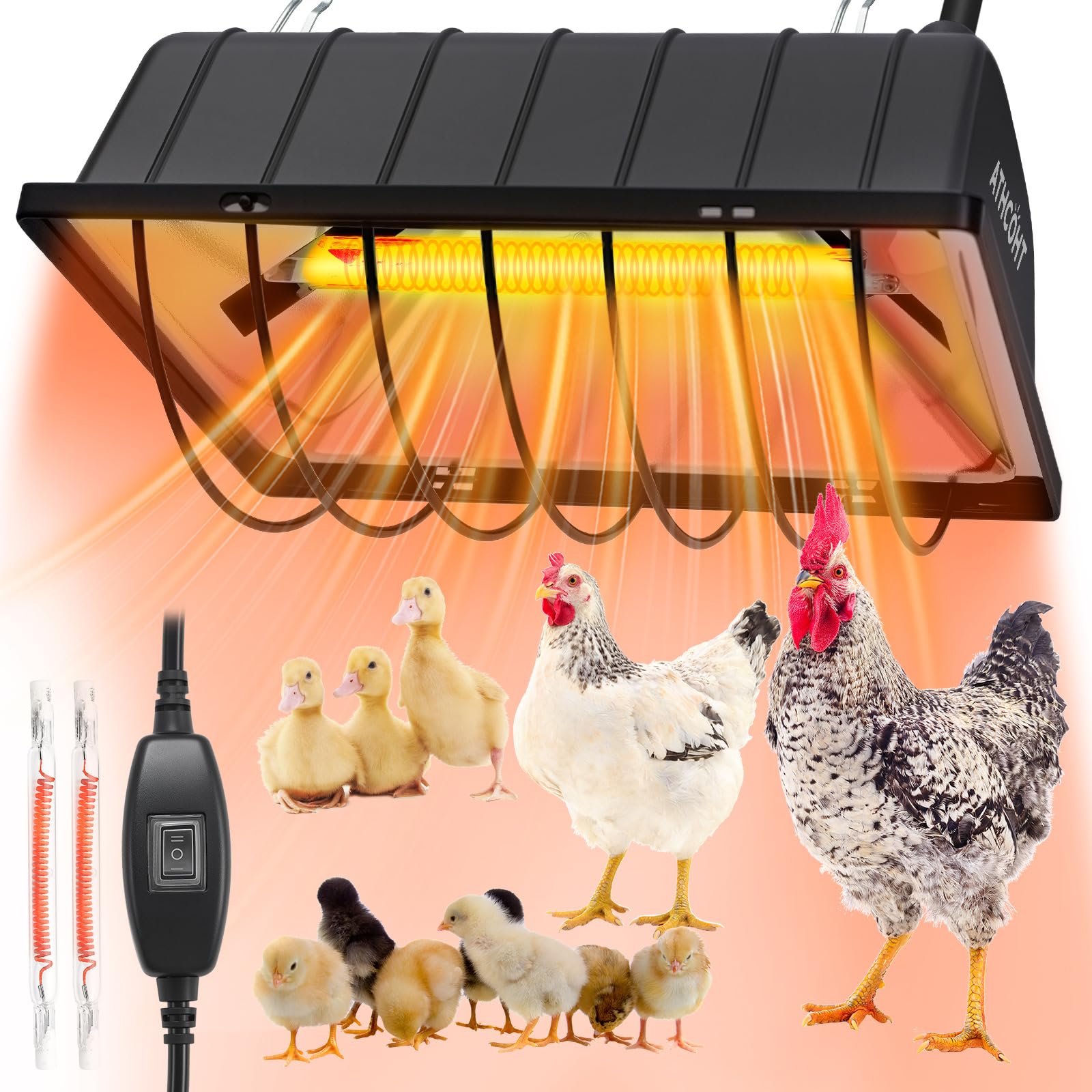 Photo 1 of 300W Heat Lamp for 30 Chickens 2PCs Chicken Coop Heater Upgraded 12000H Carbon Fiber Bulbs Adjustable 4 Mode Temp Safe Fire Proof Chicken Heating Plate UL-Certified Brooder Lamps for Poultry Duck Bird
