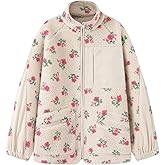 Chevara Women’s Fuzzy Sherpa Jacket Casual Floral Print Stand Collar Long Sleeve Zip Up Oversized Teddy Fleece Outerwear