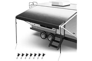 Fonzier 18oz RV Awning Fabric Replacement, Heavy Duty Vinyl, with Awning Tie Down Kits & 7 Awning Hooks & Pull Strap for Trailer Camper Awning- 21'(Fabric 20'2"), Black Gray Fade
