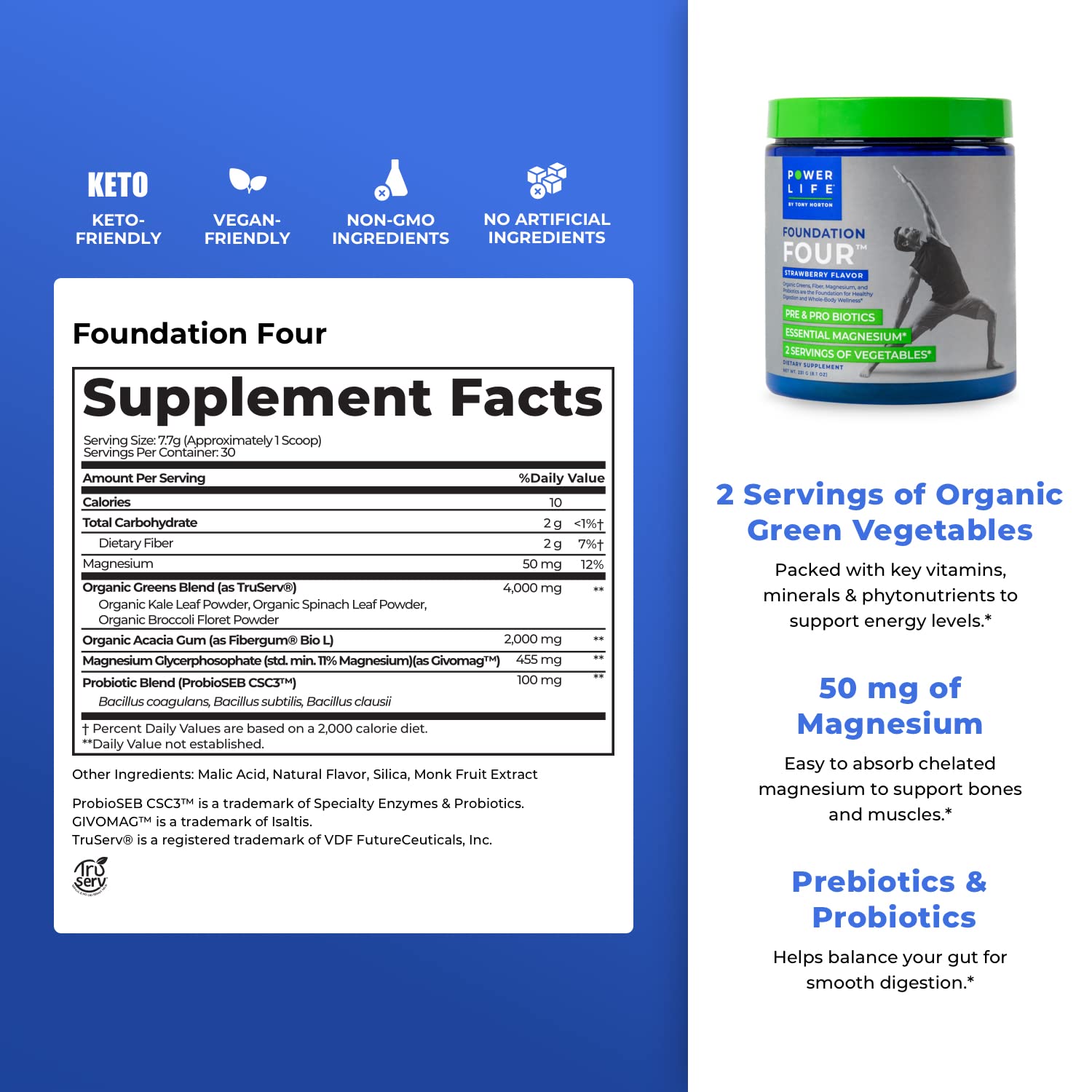 POWERLIFE Tony Horton High Impact Plant Protein Powder with 3000 MG of HMB (Vanilla - New Formula) Foundation Four Greens Drink with Pre & Pro Biotics, Essential Magnesium (Strawberry)