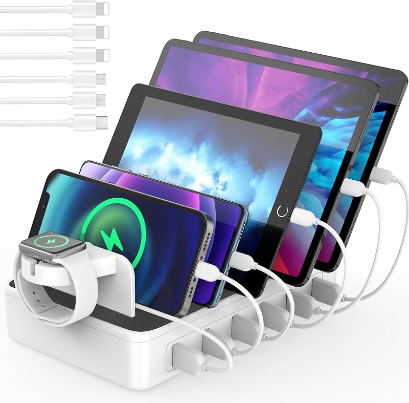 AICKXON 50W 6 Port Multi Device Charging Station Dock White Mixed Cables