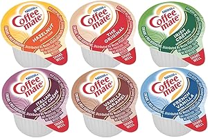 GAGL Coffee Mate Liquid Creamers .375oz Variety Pack (6 Flavor) 30 Count includes Original, French Vanilla, Irish Crème, Hazelnut, Vanilla Caramel, Italian Sweet Crème. Includes 10 sugar packets