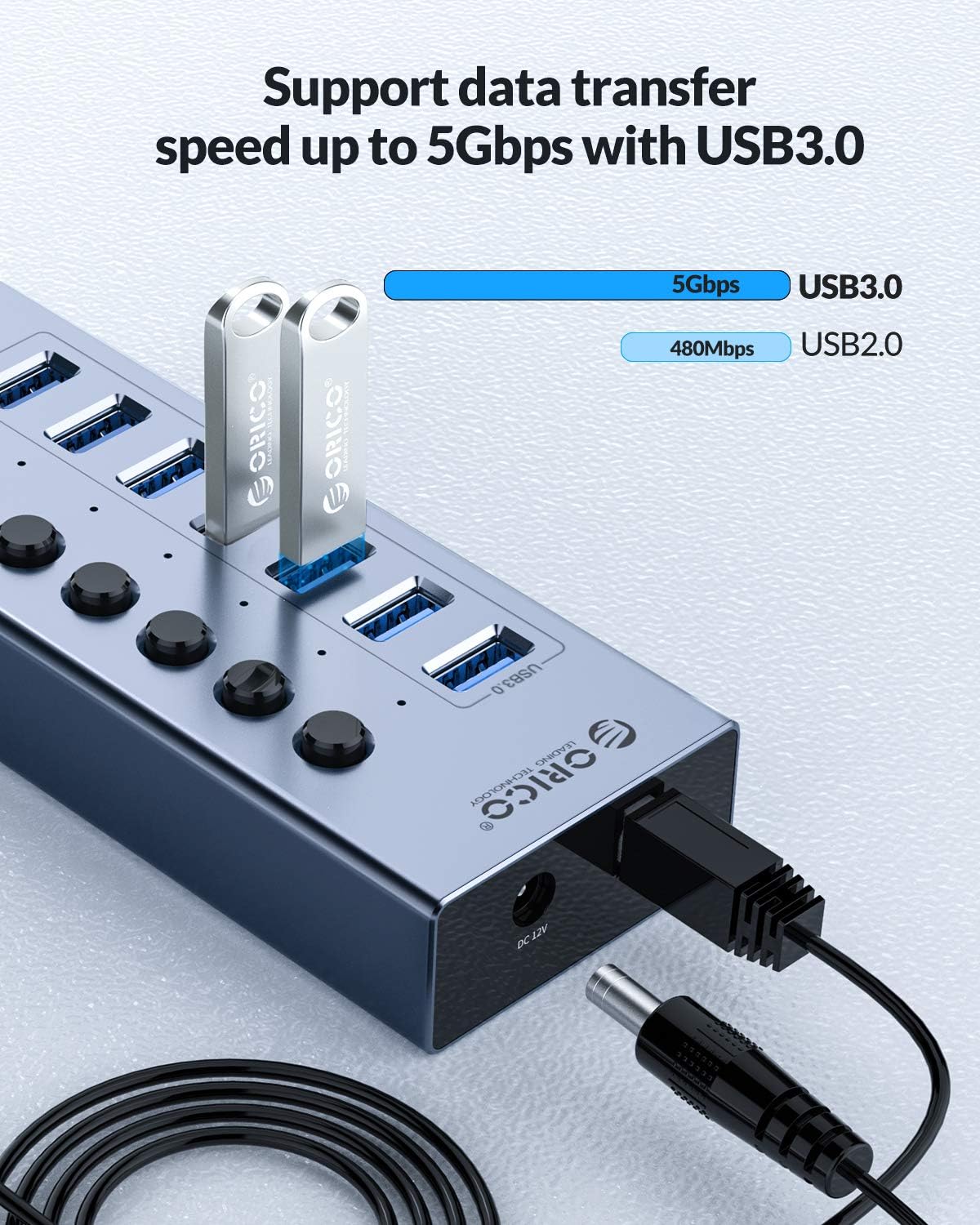 ORICO USB 3.0 Hub Powered 7 Ports USB Data Hub with Individual On/Off Switches and12V Power Adapter Support BC1.2 Charging, USB Extension for iMac Pro, MacBook Air/Mini, PS4, Surface Pro, PC, HDD: Computers & Accessories