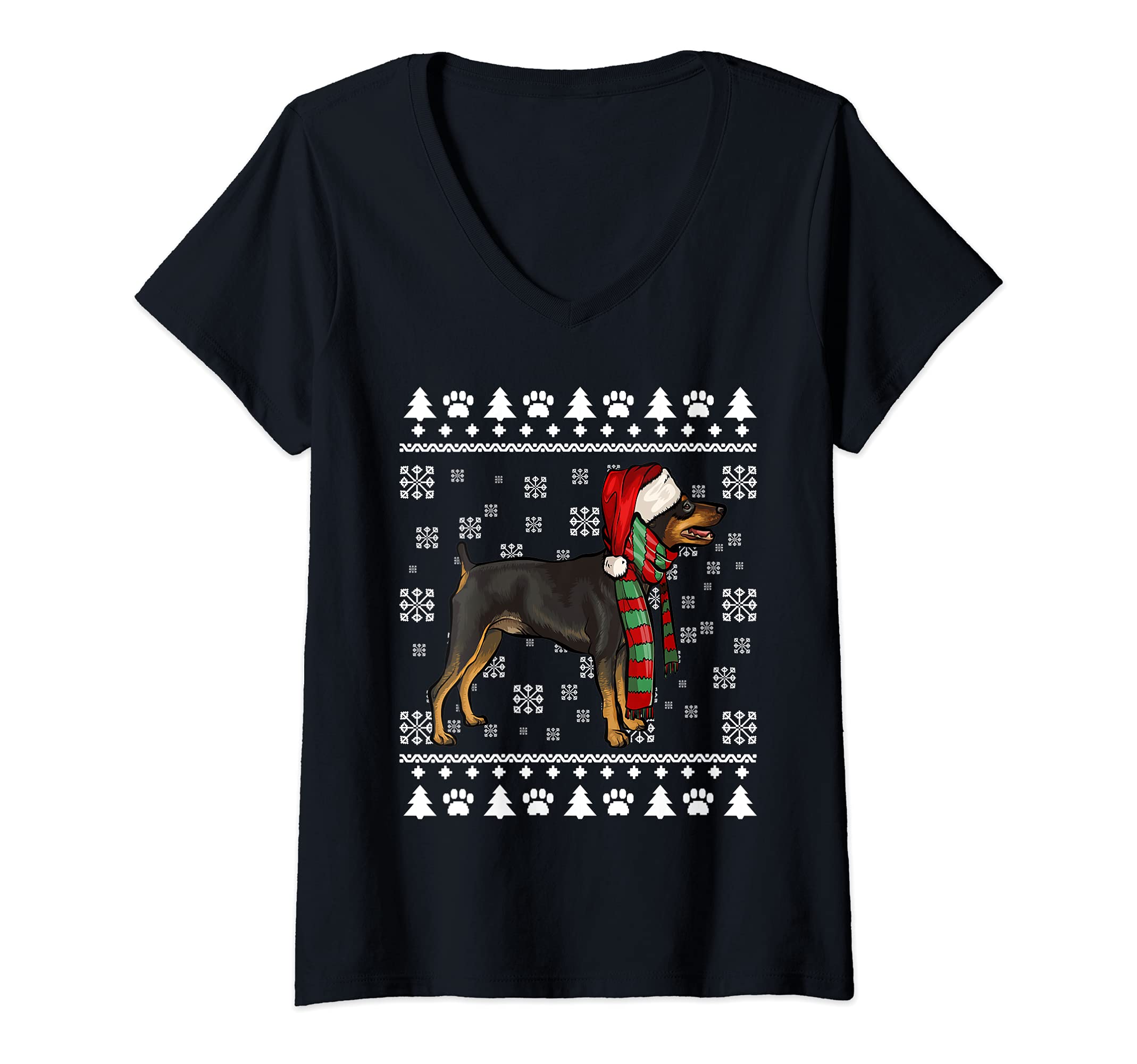 Womens Miniature Pinscher Dog Santa Hat Xmas Ugly Christmas V-Neck T-Shirt