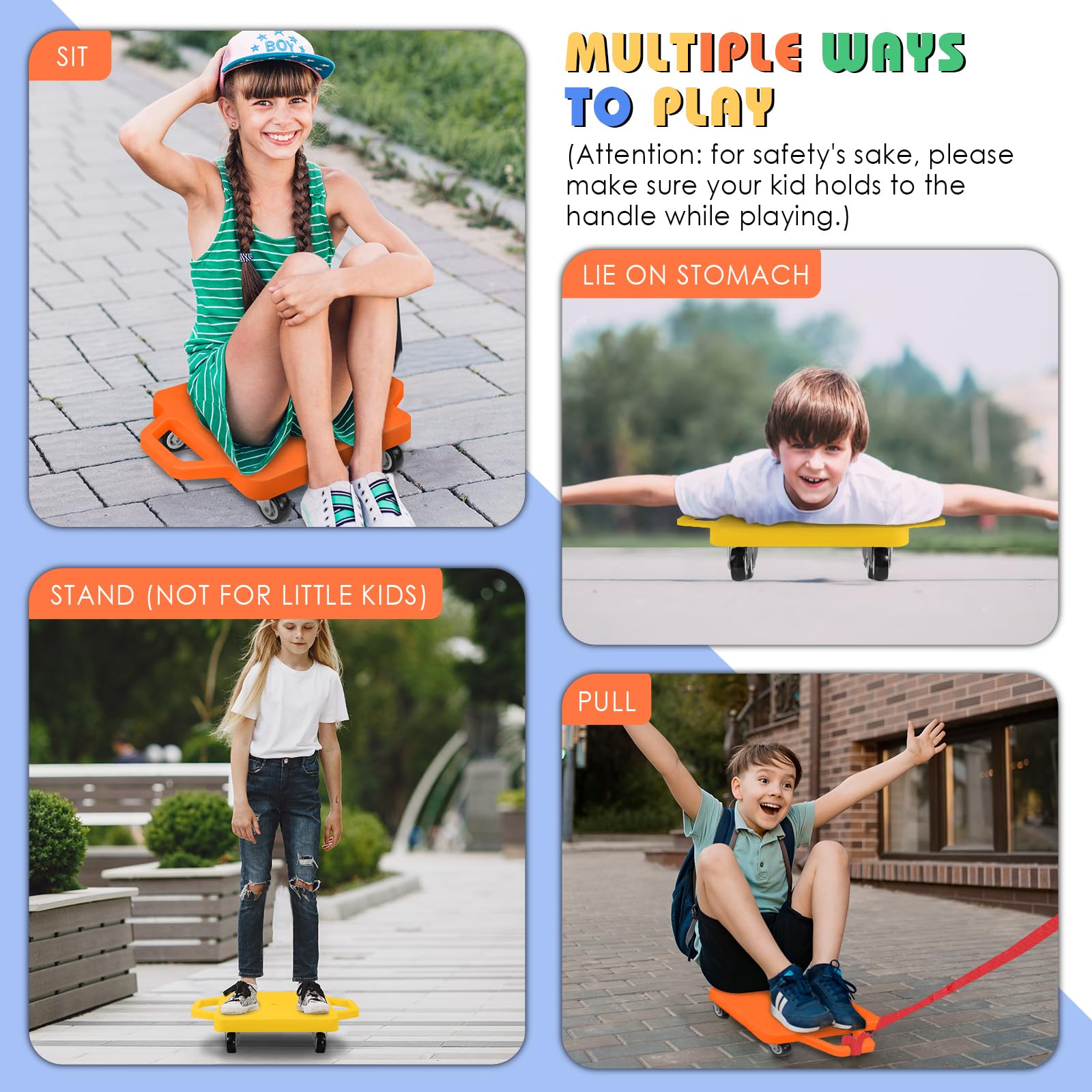 4 Scooter Boards with Handles for Kids Sitting, Floor Scooters Gym Scooters Set with Ropes for School Gym Activities and Indoor Outdoor Play