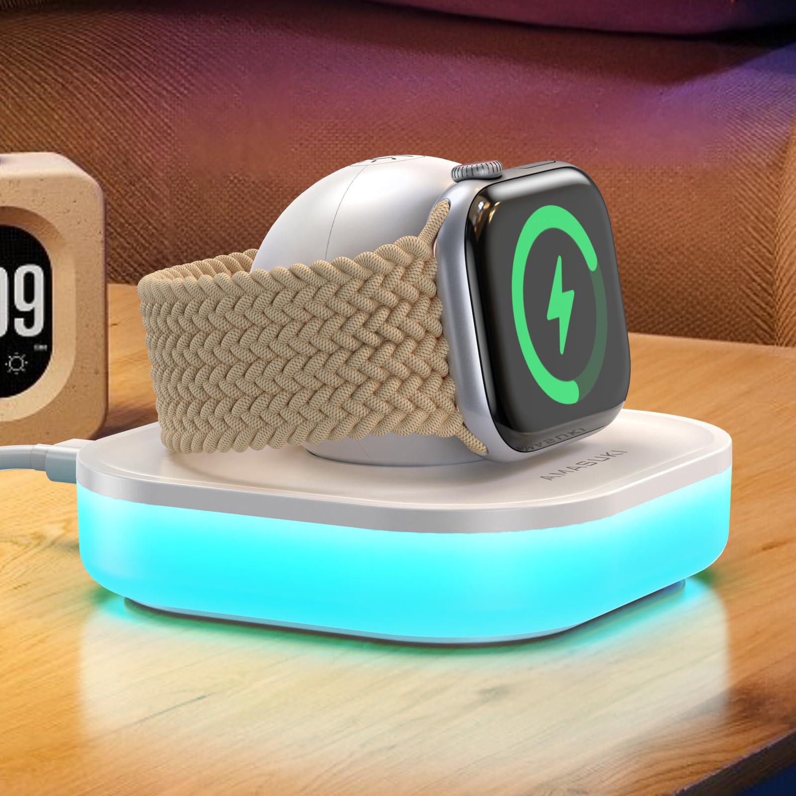 Photo 1 of Magnetic Charger for Apple Watch Charger Stand, Portable iWatch Charger Dock with Adjustable Colorful Light & USB Cable, Compatible with Apple Watch Series 10 9 8 7 SE 6 5 4 3 2/Ultra 2-White
