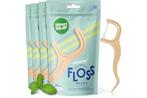 SmartLifeco Eco-Friendly Dual-Thread Dental Floss Picks (200ct) - Flossers Made with Straw Wheat Blend, Superior Anti-Shred for Tight Gaps, Tooth Pick Stick for Adults, Soft on Gum & Teeth, Mint