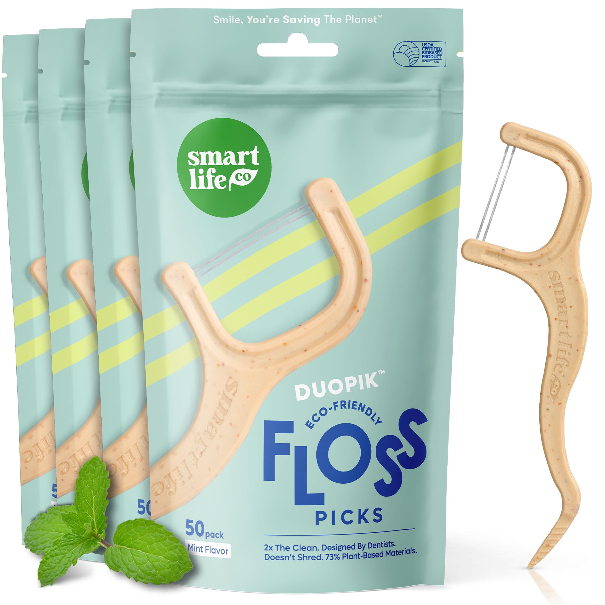 Photo 1 of SmartLifeco Eco-Friendly Dual-Thread Dental Floss Picks (200ct) - Flossers Made with Straw Wheat Blend, Superior Anti-Shred for Tight Gaps, Tooth Pick Stick for Adults, Soft on Gum & Teeth, Mint