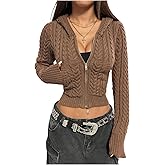 SOLY HUX Women's Zip Up Cable Knit Cardigans Long Sleeve Hooded Fitted Crop Sweater Tops with Pocket