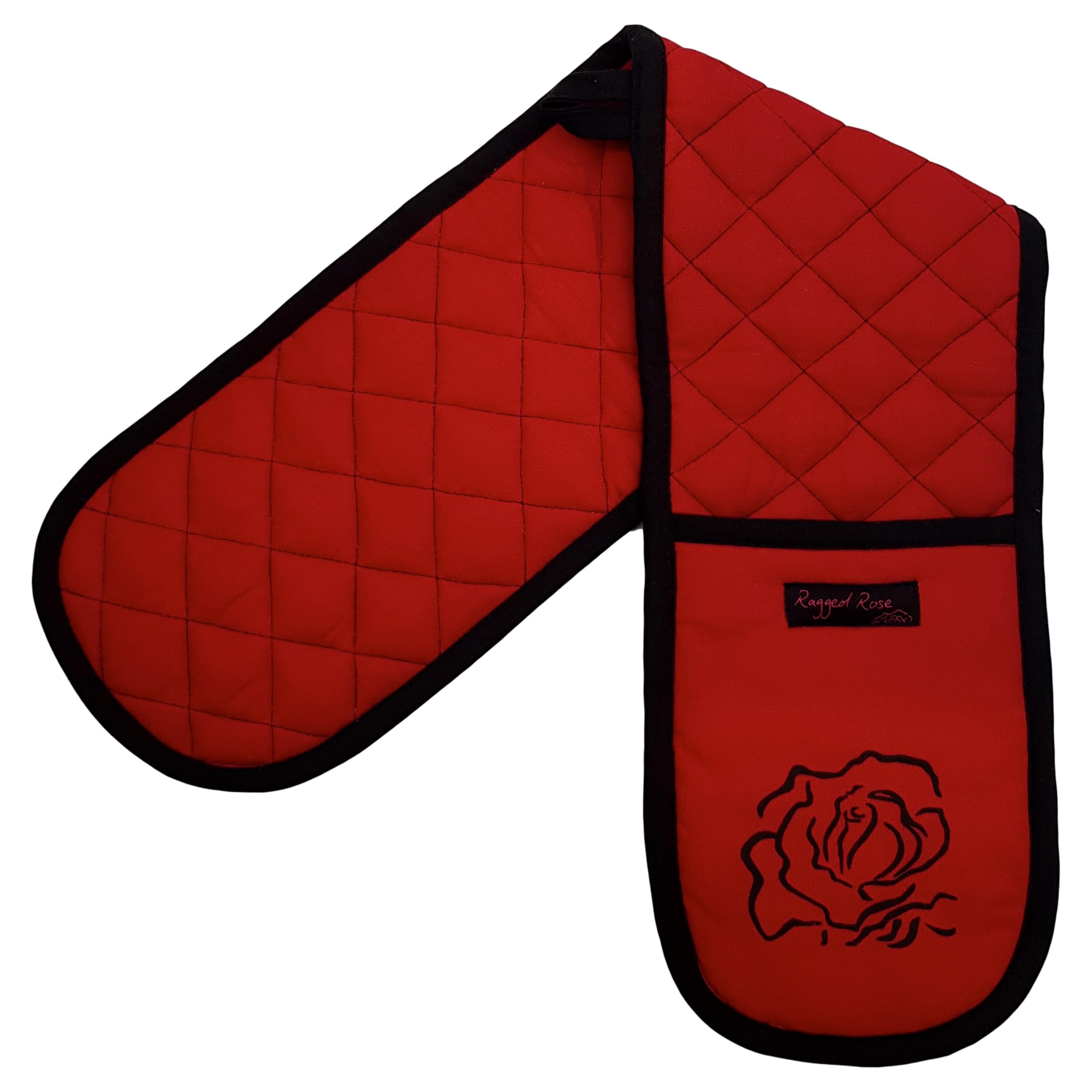 Ragged Rose Double Oven Gloves - 84 cm x 18 cm x 1 cm, 1-Piece Oven Mitts for Cooking & Baking - Cotton, Machine Washable at 30° - Kitchen Essentials (Red/Black Plain)
