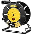 DEWENWILS Extension Cord Storage Reel with 4-Grounded Outlets, Heavy Duty Open Cord Reel for 12/3,14/3,16/3 Gauge Power Cord, Hand Wind Retractable, 13A Circuit Breaker, Yellow, ETL Listed