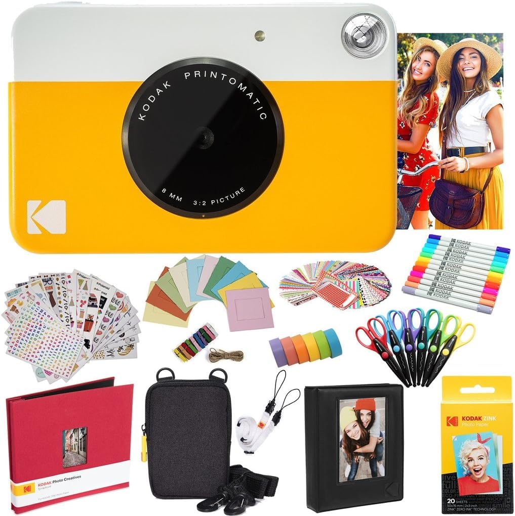 KODAK Printomatic Instant Camera (Yellow) All-In-Bundle + Zink Paper (20 Sheets) + Case + Photo Album + 7 Sticker Sets + Markers + Scissors