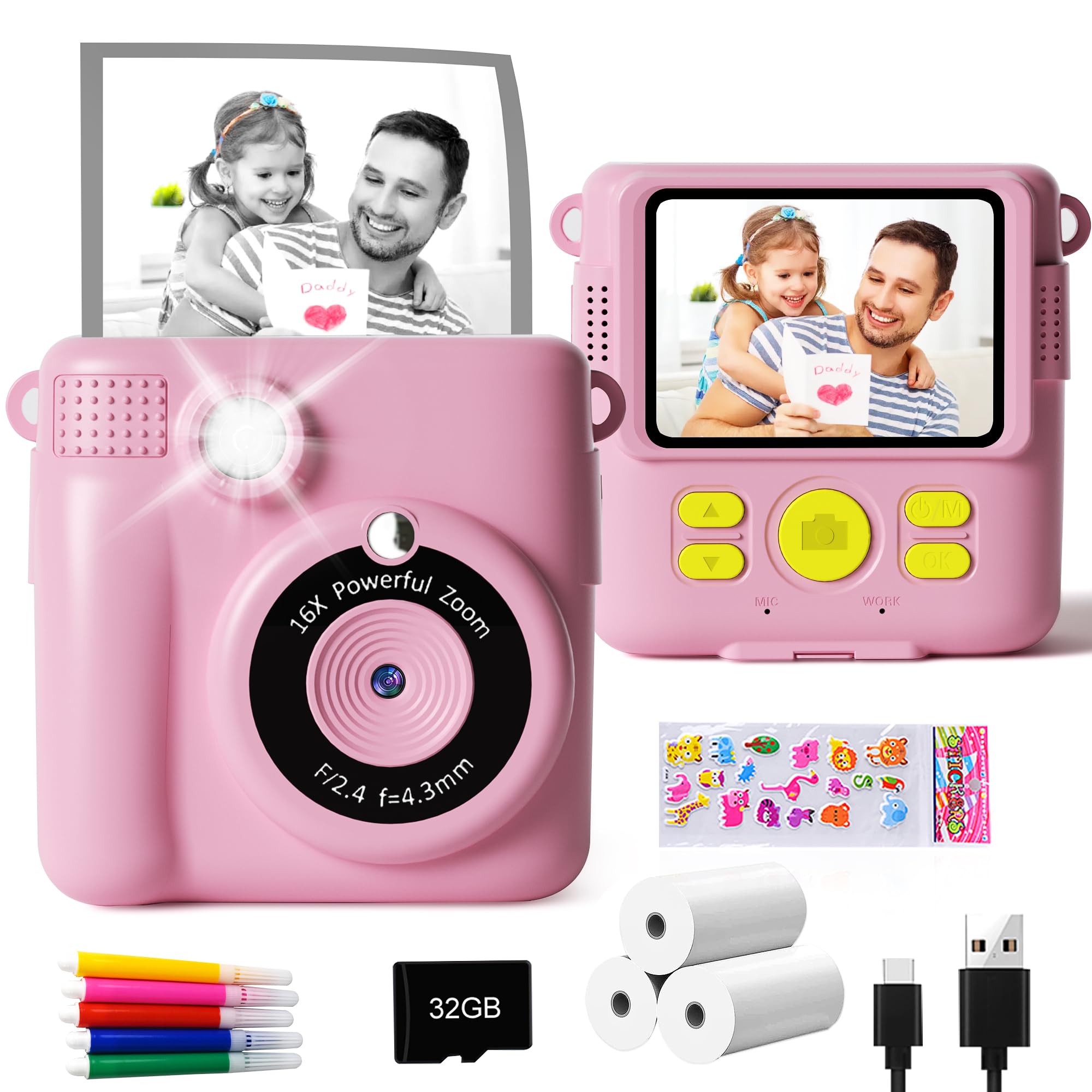 GKTZ Instant Print Camera for Kids - 1080P HD Instant Print Photo - Christmas Birthday Gifts for Age 4 5 6 7 8 9 10 Girls Boys - Portable Toy with 3 Rolls Photo Paper, 32GB Card, 5 Color Pens - Pink