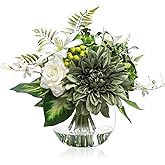 Artificial Flowers in Vase with Fake Water, Silk Rose Dahlia Lily Flowers Bouquet with Glass Vase for Home Birthday Party Wed