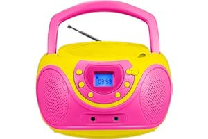 hPlay Gummy P16 Portable CD Player Boombox AM FM Digital Tuning Radio, Aux Line-in, Headphone Jack, Foldable Carrying Handle (Pink)