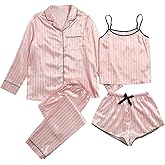 WDIRARA Women's Silk Satin Pajama Set 4 Pieces Sleepwear Loungewear Pj Sets