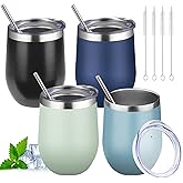 12oz Stemless Wine Tumbler with Lid Double Wall Insulated Wine Cup Stainless Steel Glasses Tumbler with Straw Insulated cocktail Tumbler Coffee Mug for Hot and Cold Beverages (Multicolor-3,4Pack)